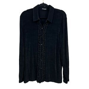 Softwear By Mark Singer Womens‎ Blouse Top Stretch Slinky Ruffled Button Black L